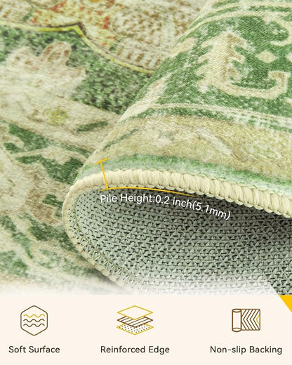 RELEANY Area Rugs 5ft Washable Non-Slip, Floral Vintage Distress Print Pattern Medallion Carpet for Living Room Bedroom Dining Room, Sage Green Yellow