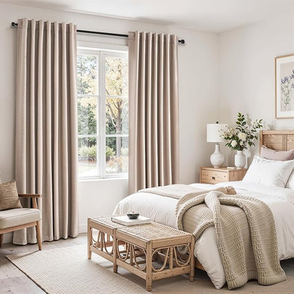 Natural Beige blackout curtains 84 inch Long 2 Panels 100% Blackout Linen Texture Curtain Window Drapes with Back Tab Rod Pocket Light Blocking Thermal Insulated Curtains for Bedroom Living Room