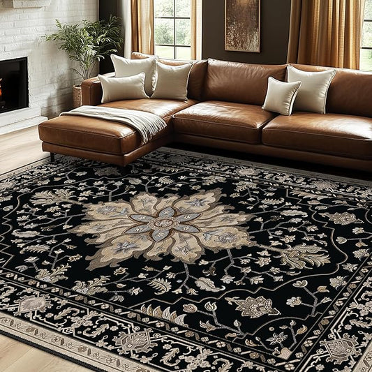 RELEANY Area Rugs 7'x10' Washable Non-Slip, Floral Vintage Distress Print Pattern Medallion Carpet for Living Room Bedroom Dining Room, Black Brown Neutral Dark Tan