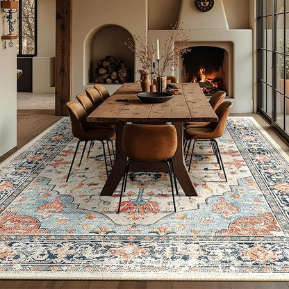 Area Rugs 10'x14' Washable Non-Slip, Floral Vintage Distress Print Pattern Medallion Carpet for Living Room Bedroom Dining Room, Beige Navy Blue Orange Colorful