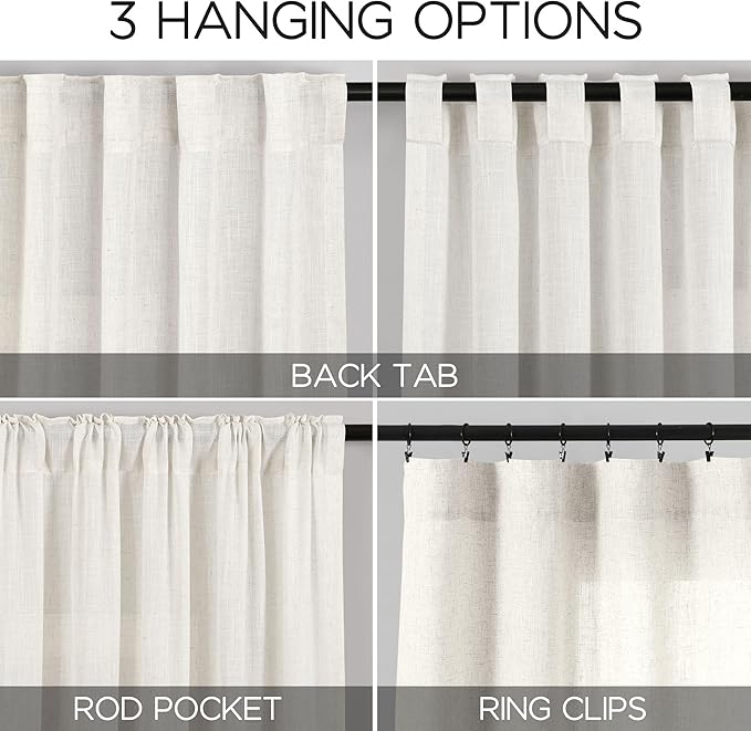 Beige White Linen Curtains 72 Inch Length for Living Room Lightweight Door Drapes 2 Panels Set for Kids Bedroom Sheer Light Filtering Back Tab Rod Pocket Curtain for Kitchen Protect Privacy 52x72