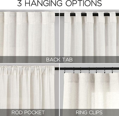 Nanspring Beige White Linen Curtains 84 Inch Length 2 Panels Set for Living Room Rod Pocket Back Tab Light Filtering Window Drapes for Bedroom Dining Room Protect Privacy Home Decor