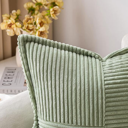 MIULEE Spring Decorative Throw Pillow Covers for Couch Bed Livingroom 18x18 Inch Set of 2 Sage Green Boho Accent Throw Pllows Broadside Striped Patchwork Soft Corduroy Pillowcases