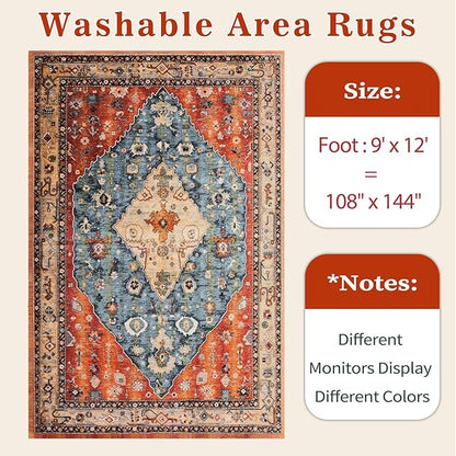 SERISSA Washable Rugs 9x12 Area Rugs, Large Non-Slip Boho Living Room Rug, Ultra Soft Vintage Print Distressed Oriental Tribal Farmhouse Carpet for Dining Room Bedroom Dorm Office Home Decor
