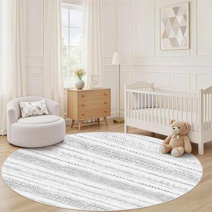 Nakagishi Round Rug Boho Area Rugs: 8x8 Washable Large Circle Neutral Soft Stain Resistant Non-Slip Carpet for Women Aged 25-45 Farmhouse Decor Enthusiasts - Living Room Bedroom Dining Room Nursery