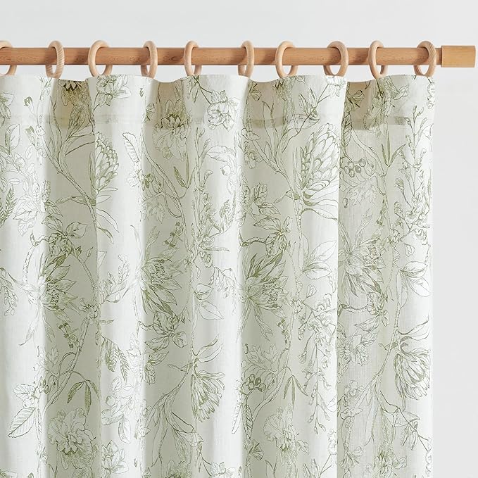 jinchan Floral Curtains 90 Inch Length Sage Green Flower Linen Farmhouse Curtain for Living Room French Country Vintage Curtain Rod Pocket Curtains Set 2 Panels Floral Printed