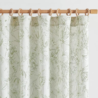 jinchan Floral Curtains 90 Inch Length Sage Green Flower Linen Farmhouse Curtain for Living Room French Country Vintage Curtain Rod Pocket Curtains Set 2 Panels Floral Printed