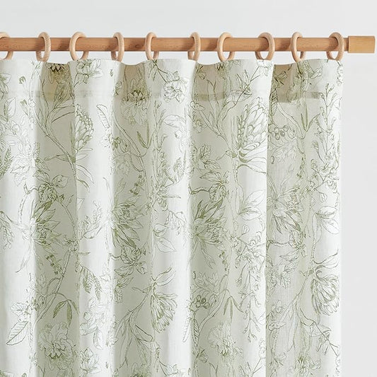 jinchan Floral Curtains 63 Inch Length Sage Green Flower Linen Farmhouse Curtain for Living Room French Country Vintage Curtain Rod Pocket Curtains Set 2 Panels Floral Printed