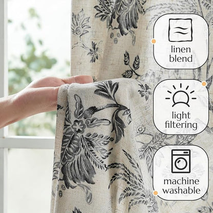 jinchan Linen Floral Curtains for Living Room with Printed Flower 63 Inches Long Light Filtering French Country Back Tab Rod Pocket Black Window Curtain Set Farmhouse Drapes 2 Panels Black