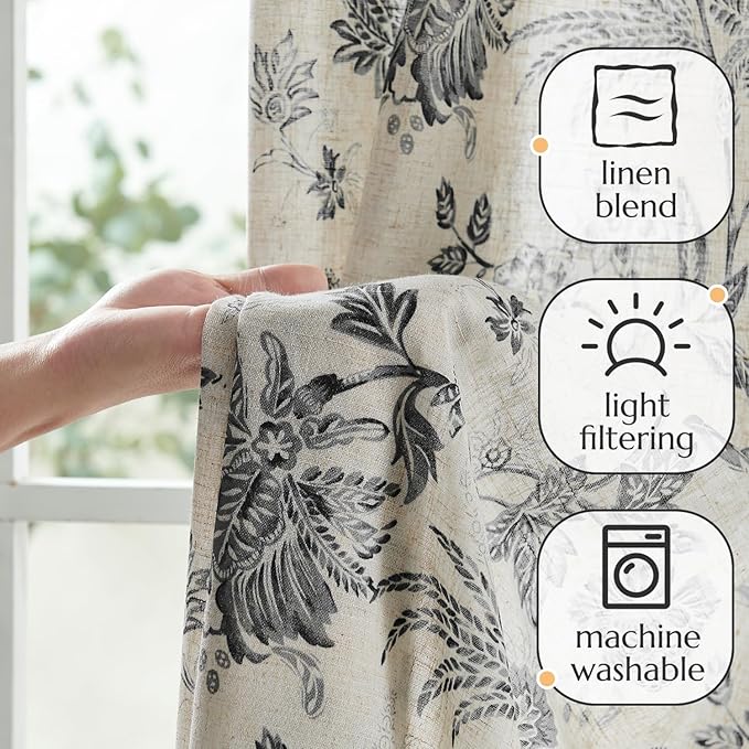 jinchan Linen Floral Curtains for Living Room with Printed Flower 84 Inches Long Light Filtering French Country Back Tab Rod Pocket Black Window Curtain Set Farmhouse Drapes 2 Panels Black