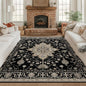 Area Rugs Square 8ft Washable Non-Slip, Floral Vintage Distress Print Pattern Medallion Carpet for Living Room Bedroom Dining Room, Black Brown Neutral Dark Tan