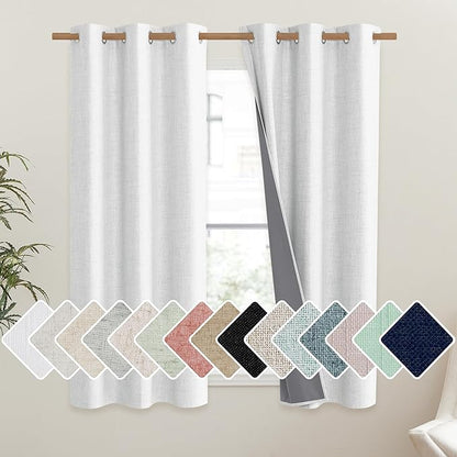 NICETOWN 100% Absolutely Blackout Linen Curtains with Thermal Insulated Liner, Greyish White, 42" Wide, 63" Length Energy Saving Curtains for Classroom 2 Panels Set, Vertical Blinds