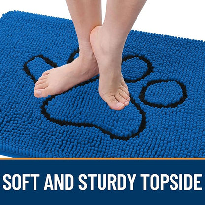 OLANLY Dog Door Mat for Muddy Paws 30x20, Paw Print Design, Absorbs Moisture and Dirt, Non-Slip Washable Doormat, Quick Dry Chenille Mud Mat for Dogs, Entry Indoor Entryway Carpet, Deep Navy Blue