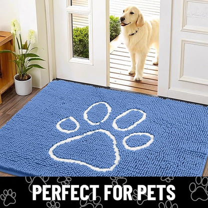 Smiry Dog Door Mat for Muddy Paws, Absorbent Dirt Trapper Non Slip Quick Dry Washable Chenille Mat for Mud Dogs, Entry Rug for Indoor and Outdoor (40x32 Inches, Cornflower Blue and White)