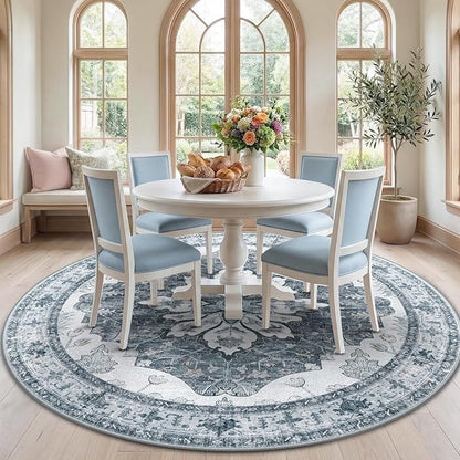 Area Rugs 7ft Washable Non-Slip, Floral Vintage Distress Print Pattern Medallion Carpet for Living Room Bedroom Dining Room, Light Gray Grey White