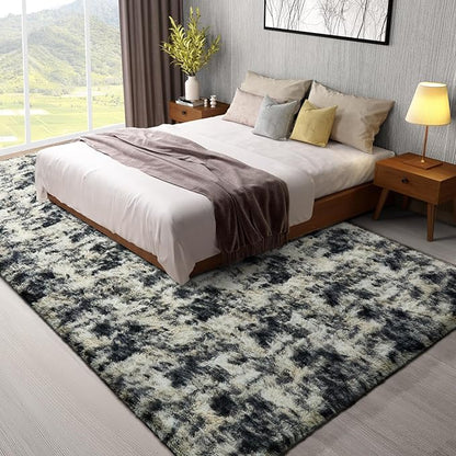 Ophanie Black Gold and Grey Area Rugs for Living Room 8x10, Fluffy Shag Large Fuzzy Plush Soft Carpets, Floor Shaggy Rugs for Bedroom, Carpet for Kids Boys Girls Dorm Nursery Home Decor Aesthetic
