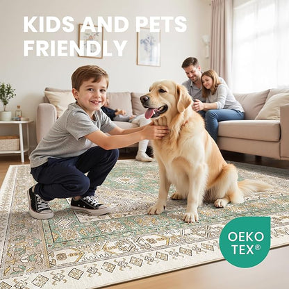 zesthome 5x7 Area Rugs - Ultra-Thin Washble Rug, Stain Resistant Anti Slip Backing Rugs for Living Room,Bedroom, Vintage Home Decor Area Rug (Green/Brown,5'x7')