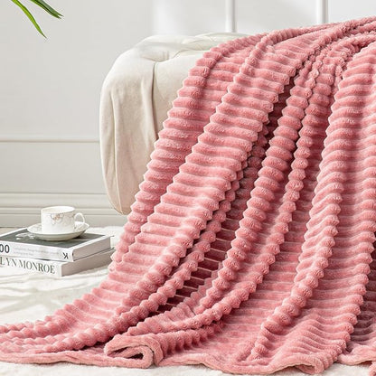 BEDELITE Fleece Blanket Queen Size – 3D Ribbed Jacquard Soft and Warm Decorative Fuzzy Blankets – Cozy, Fluffy, Plush Lightweight Throw Blankets for Couch, Bed, Sofa(Pink, 90x90 inches)