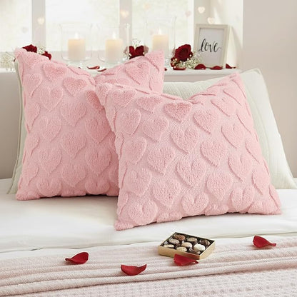 decorUhome Valentine’s Day Soft Plush Throw Pillow Covers 20x20 Inch Set of 2, Faux Fur Pink Heart Decoration Neutral Square Pillow Covers for Couch Sofa Bed Cozy Farmhouse Holiday Decor