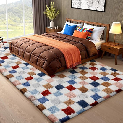 Ophanie Checkered Rainbow Rug for Living Room Bedroom, Colorful Fluffy Soft Cute Fuzzy Area Rugs, Shag Plush Shaggy Bedside Floor 8x10 Furry Carpet for Kids Teen Dorm Nursery Home Decor Aesthetic
