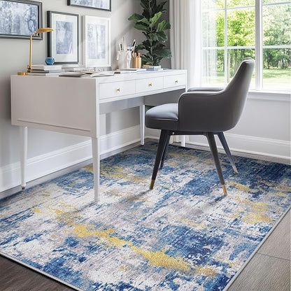Washable Area Rugs 9'x12' Non-Slip Modern Abstract Soft for Living Room Entryway Bedroom Nursery, Print Pattern, Grey Blue Gold/Golden