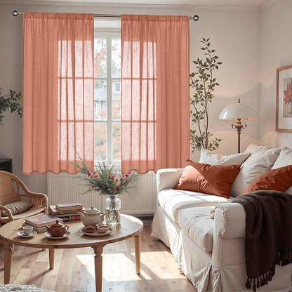 BGment Rust Terracotta Linen Curtains 45 Inch Length, Burnt Orange Semi Sheer Drapes for Bathroom Short Living Room Windows Lightweight with Rod Pocket, 2 Panels Set, Each 42 Inch Wide