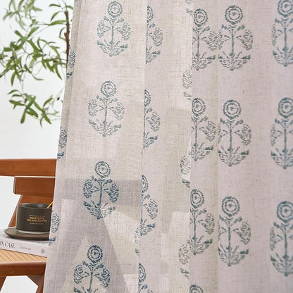 jinchan Linen Floral Curtains for Living Room 84 Inch Length Blue Flower Cottage Core Farmhouse Curtains Rod Pocket Back Tab Boho Semi Sheer Window Drapes Bedroom Set 2 Panels Blue on Beige