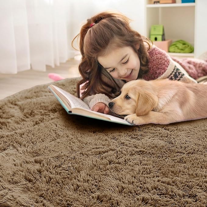 OLANLY Taupe Round Rugs for Bedroom - Machine Washable, 6 ft Circle Area Rugs for Living Room, Soft and Fluffy Shaggy Carpet for Teen Girl and Boys, Nursery Rooms, Dorms, Home Decor Aesthetic