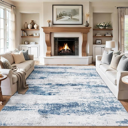 Area Rugs Living Room Rug - 4x6 Washable Modern Abstract Soft Neutral Non-Slip Carpet Large Indoor Floor Thin Carpets for Bedroom Dining Room Farmhouse Nursery Home Office White Blue Grey