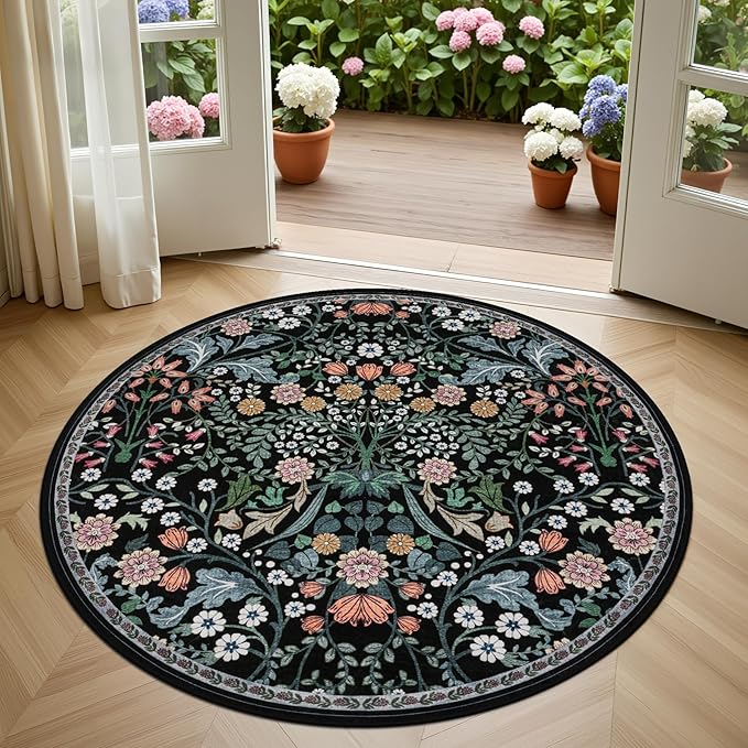 Round Area Rug for Living Room: 4 ft Floral Washable Circle Rug Soft Boho Non-Slip Carpet Indoor Stain Resistant Low Pile Small Circular Rug for Bedroom Entryway Kitchen Nursery Home Office Dark Black