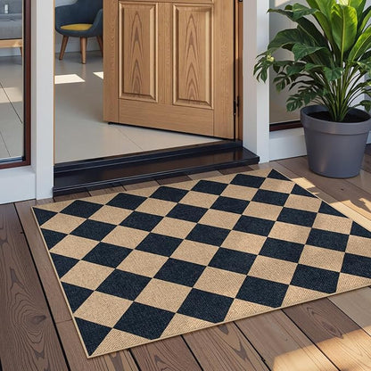 Lahome Colette Checkered Easy Jute Kitchen Rug, 2x3 Front Door Mat Non Slip Washable Neutral Area Rug, Farmhouse Diamond Non Shedding Low Pile Floor Carpet for Entryway Porch Doorway