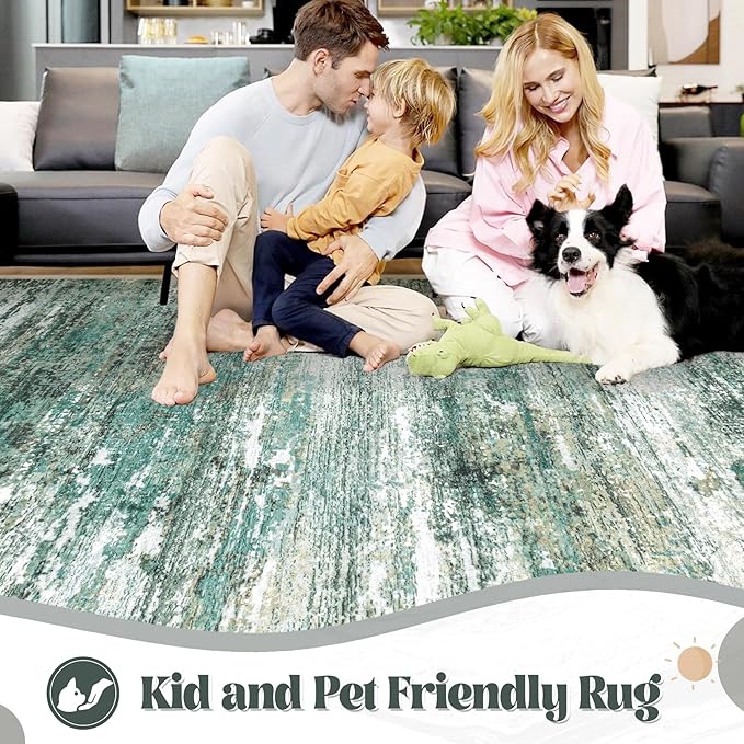 5x7 Area Rugs for Living Room, Washable Modern Abstract Large Area Rug Neutral Soft Non Slip Kids Rug Stain Resistant Indoor Carpet for Bedroom Nursery Dining Room Playroom(Green, 5'x7')