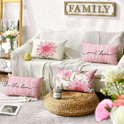 AVOIN colorlife Home Sweet Home Spring Summer Flowers Pink Throw Pillow Covers, 12 x 20 Inch Cushion Case for Sofa Couch Set of 4