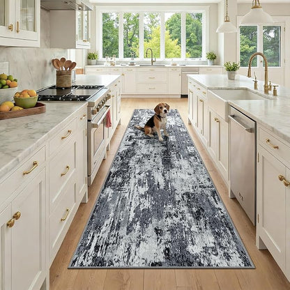Washable Area Rugs 3x9 Non-Slip Modern Abstract Soft for Living Room Entryway Bedroom Nursery, Print Pattern, Black Navy Blue Gray