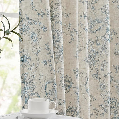 jinchan Linen Blend Curtain Floral Curtains for Living Room 90 Inch Length Blue Printed Curtain Rod Pocket Back Tab Farmhouse Peony Flower Patterned Drapes Bedroom Window Curtains Set 2 Panels