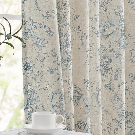 jinchan Linen Blend Curtain Floral Curtains for Living Room 84 Inch Length Blue Printed Curtain Rod Pocket Back Tab Farmhouse Peony Flower Patterned Drapes Bedroom Window Curtains Set 2 Panels