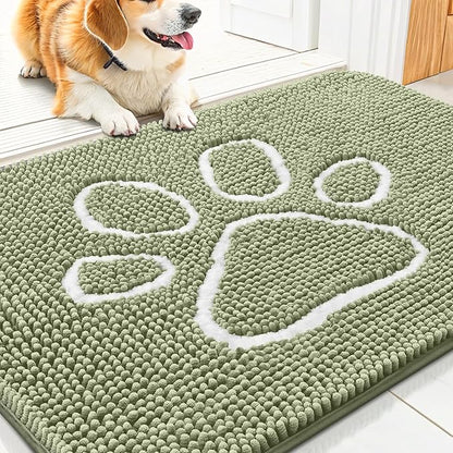 Smiry Dog Door Mat for Muddy Paws, Absorbent Dirt Trapper Non Slip Quick Dry Washable Chenille Mat for Mud Dogs, Entry Rug for Indoor and Outdoor (30x20 Inches, Sage Green and White)