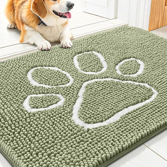 Smiry Dog Door Mat for Muddy Paws, Absorbent Dirt Trapper Non Slip Quick Dry Washable Chenille Mat for Mud Dogs, Entry Rug for Indoor and Outdoor (30x20 Inches, Sage Green and White)