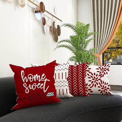 YCOLL Christmas Pillow Covers 18x18 Set of 4, Modern Sofa Throw Pillow Cover for Christmas Decor, Decorative Outdoor Linen Fabric Pillow Case for Couch Bed Car, Red