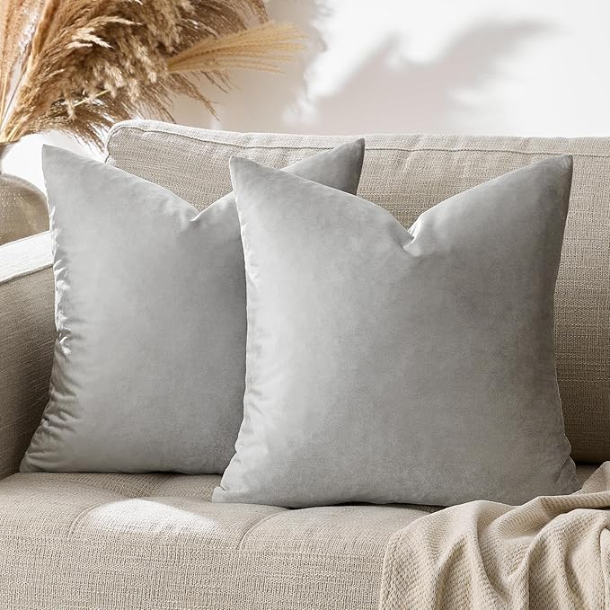 GIGIZAZA Silver Grey Velvet Pillow Covers 18x18 Pack of 2 Square Throw Pillow Covers Modern Decorative Pillows for Living Room Couch Luxury Small Pillow Cases