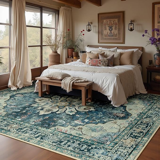 RELEANY Area Rugs 9'x12' Washable Non-Slip, Floral Vintage Distress Print Pattern Medallion Carpet for Living Room Bedroom Dining Room, Dark Blue Vintage