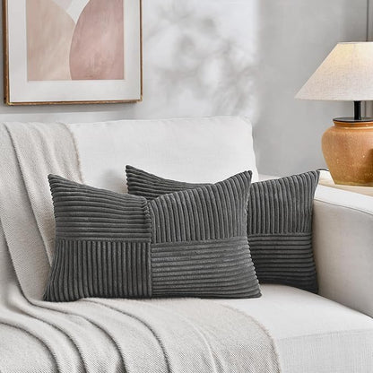 Fancy Homi 2 Packs Dark Gray Lumbar Decorative Throw Pillow Covers 14x24 Inch for Living Room Couch Bed Sofa, Farmhouse Home Decor, Soft Striped Corduroy Rectangle Accent Cushion Case 35x60 cm