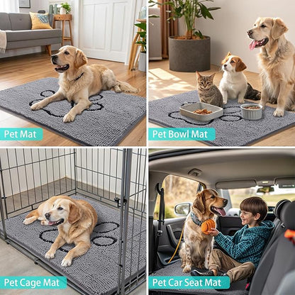 Smiry Dog Door Mat for Muddy Paws, Absorbent Dirt Trapper Non Slip Quick Dry Washable Chenille Mat for Mud Dogs, Entry Rug for Indoor and Outdoor (48x30 Inches, Grey and Black)