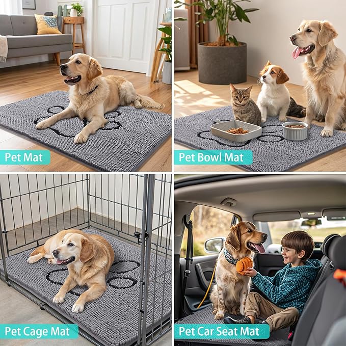 Smiry Dog Door Mat for Muddy Paws, Absorbent Dirt Trapper Non Slip Quick Dry Washable Chenille Mat for Mud Dogs, Entry Rug for Indoor and Outdoor (71x46 Inches, Grey and Black)
