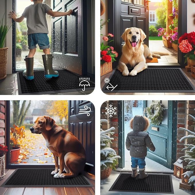 Smiry Front Door Mat Outside Entrance, Heavy Duty Natural Rubber Doormat, Non Slip, Trap Dirt and Moisture, Easy Clean, Low Profile Welcome Floor Mats for Indoor Outdoor Entry, 29.5x17 Inch, Black
