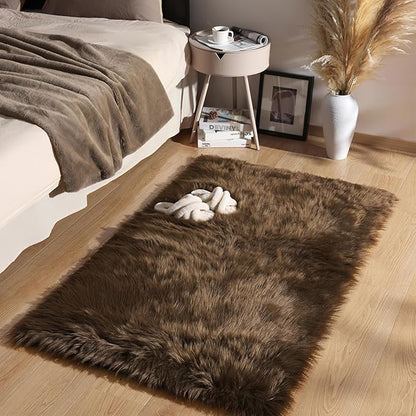 Ashler Faux Fur Rug - Fluffy Shaggy 2 x 3 Feet Rectangle Sheepskin Fur, Dark Coffee Fuzzy Machine Washable Shag, Nursery Decor Throw for Bedroom, Living Room