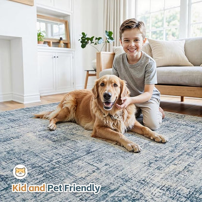 6x9 Area Rugs for Living Room Washable Rug: Anti-Skid Abstract Modern Living Room Rug Soft Thin Carpets Indoor Floor Non-Shedding Carpet for Bedroom Dining Farmhouse Nursery Home Office Blue Gold