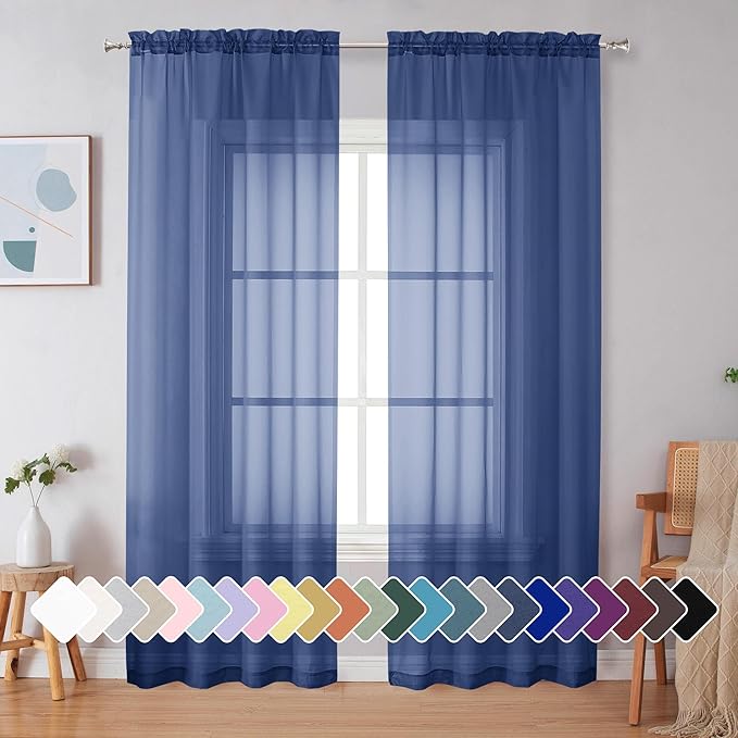 Simplebrand Royal Blue Sheer Curtains 84 Inches Long 2 Panels, Light Filtering Rod Pocket Solid Color Window Sheer Curtain Panels, Elegant Curtains & Drapes for Living Room, Bedroom, 42" W x 84" L
