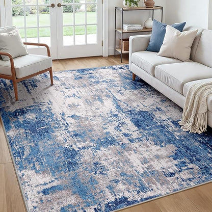 Washable Area Rugs Square 7ft Non-Slip Modern Abstract Soft for Living Room Entryway Bedroom Nursery, Print Pattern, Blue Grey Navy Gray