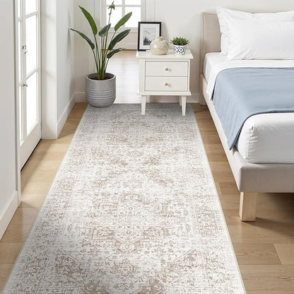 4x8 Washable Hallway Runner Rug - Wide Kitchen Runners Vintage Low Pile Carpet Soft Thin Floor Runner with Rubber Backing for Entryway Bedroom Living Room Home Decor (Cream/Camel)